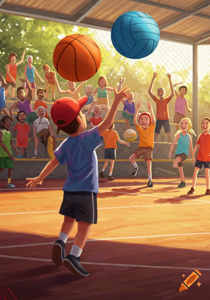 An illustration of children playing basketball and volleyball on an outdoor court under a sunny sky.