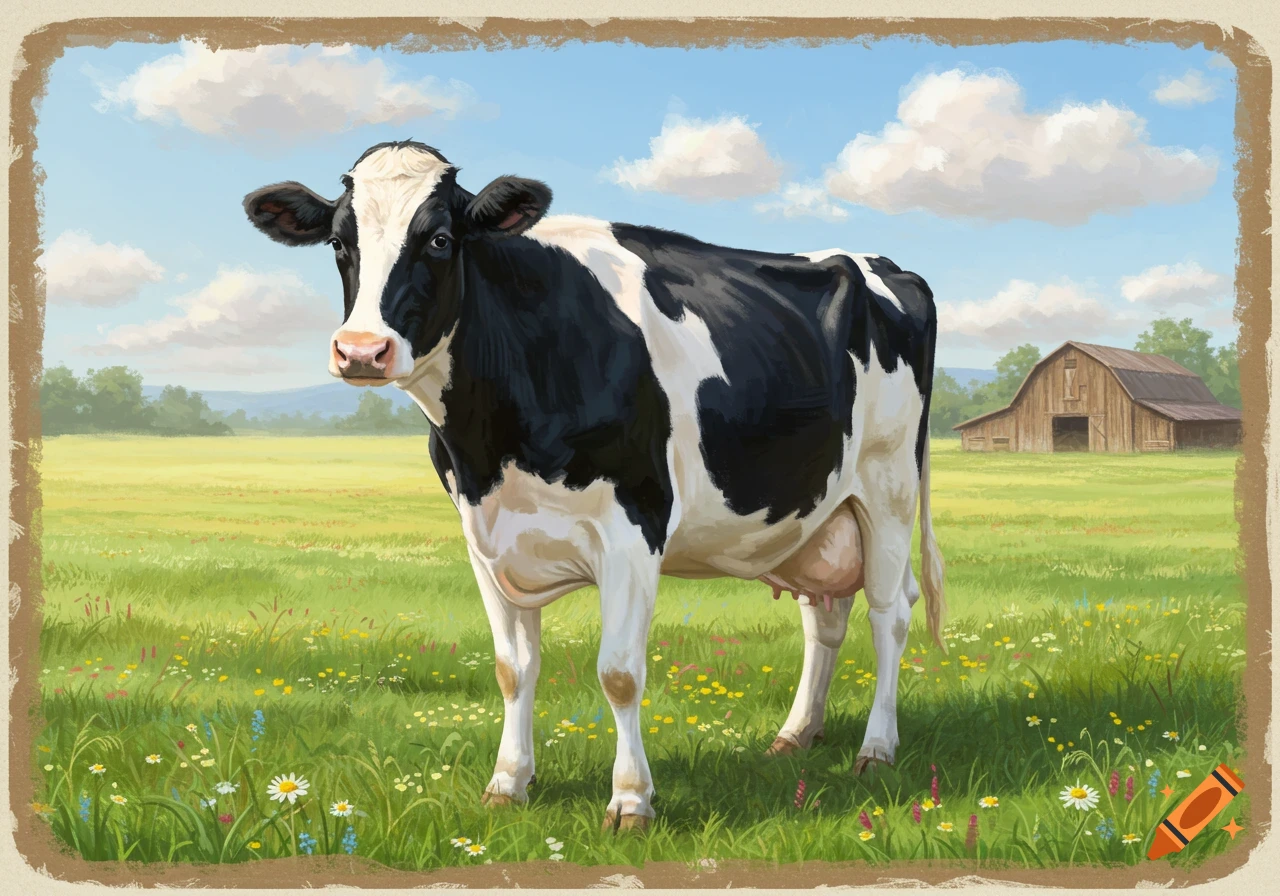 A black and white cow stands in a grassy field with wildflowers under a blue sky, with a barn in the background. Painted style.
