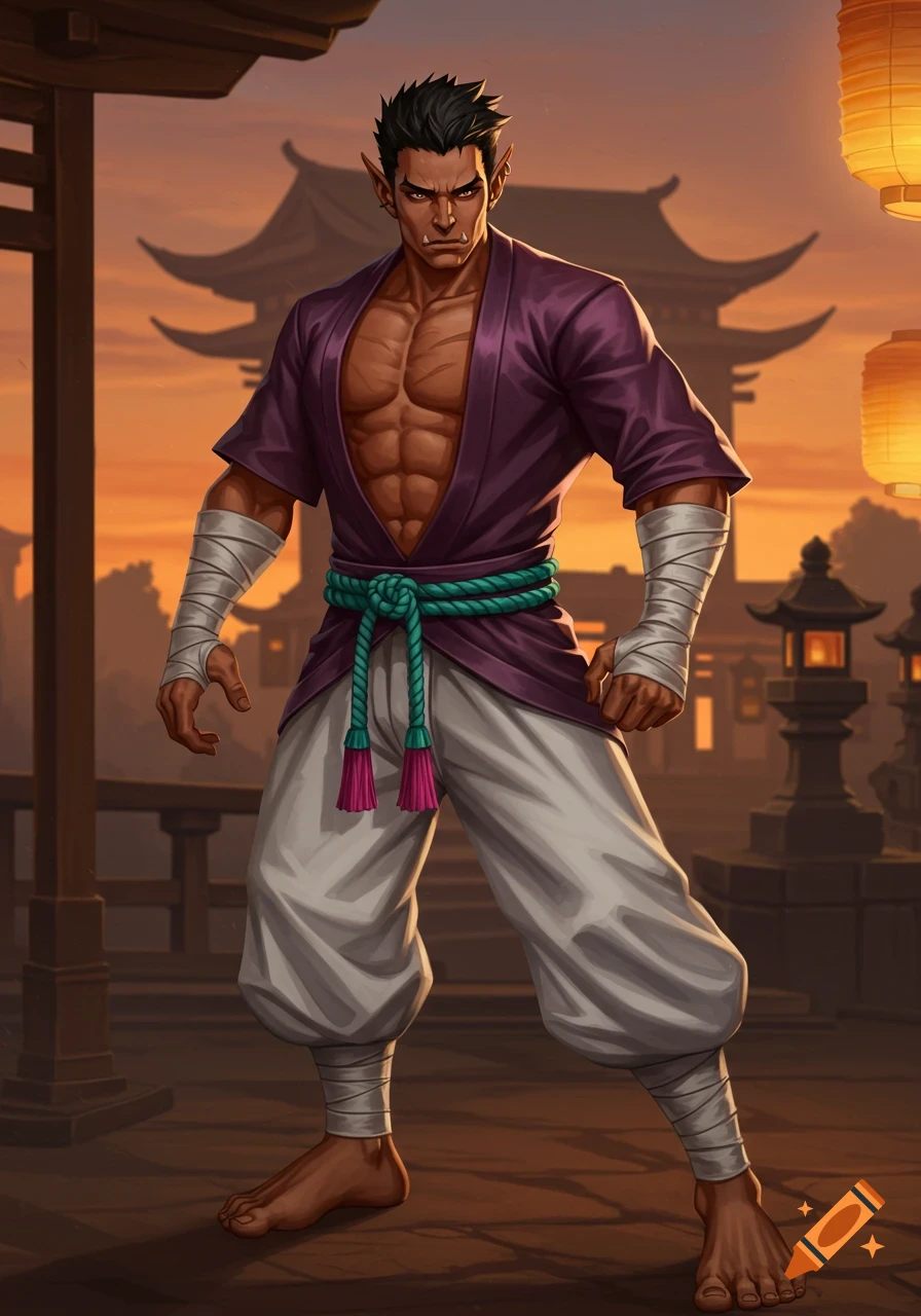 Muscular dark-skinned half-orc martial artist in an open purple haori and white pants, with Asian architecture at sunset.