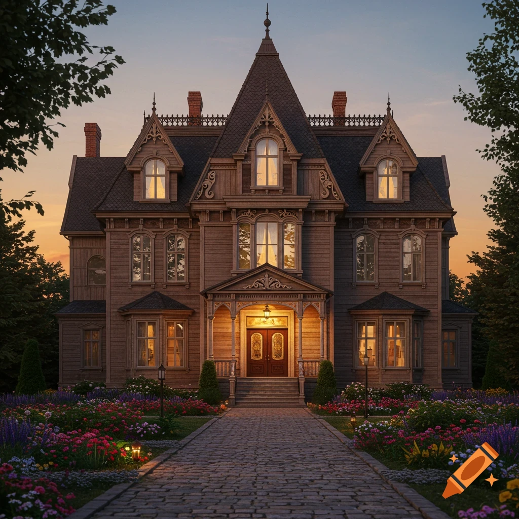 A grand, photorealistic Victorian house with a cobblestone path leading to its entrance, surrounded by a vibrant garden at sunset.