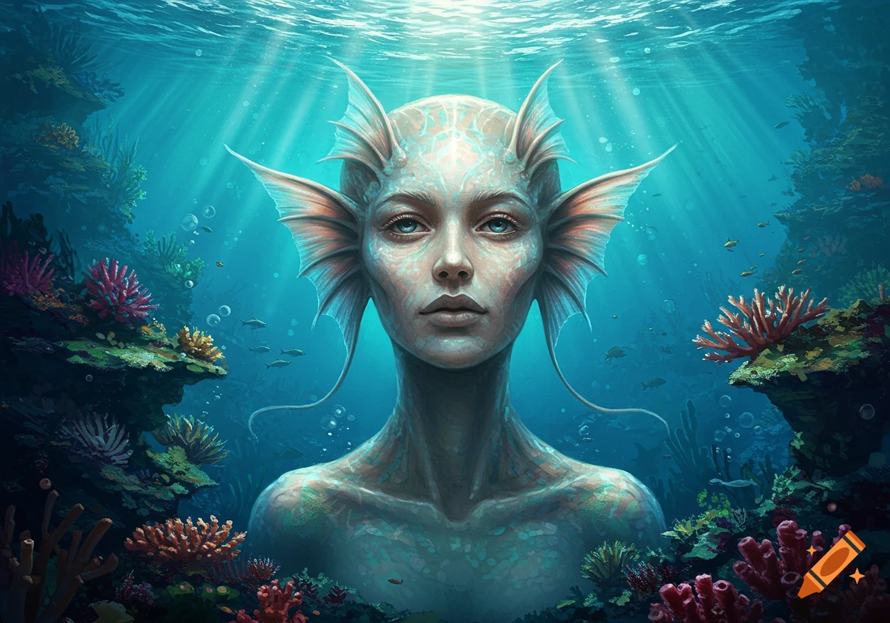 A fantasy portrait of a pale, humanoid creature with fish fins and textured skin, submerged in a vibrant coral reef with sunlight filtering through the water.