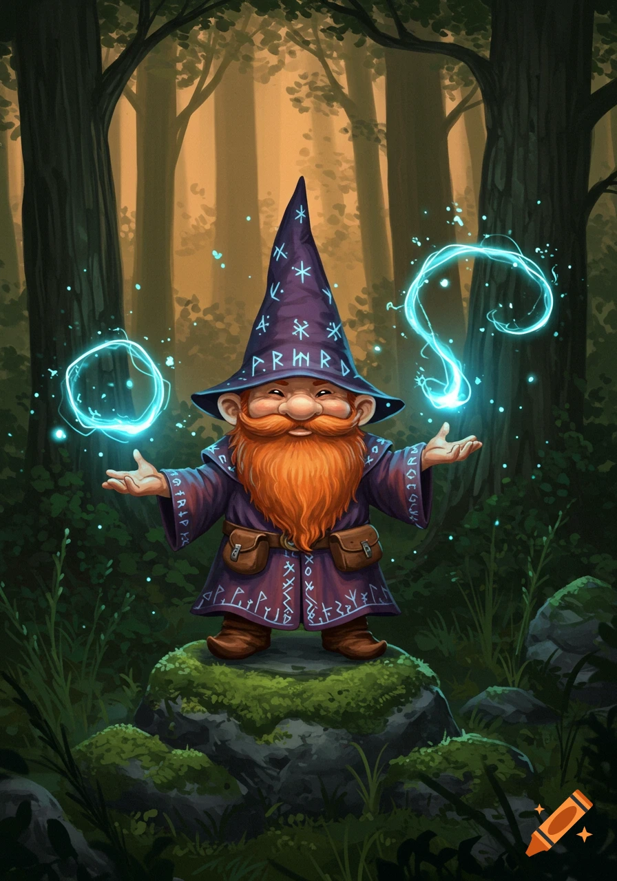 Cartoon gnome wizard with a long ginger beard, purple hat, and robe adorned with runes, casting blue magic in a forest.