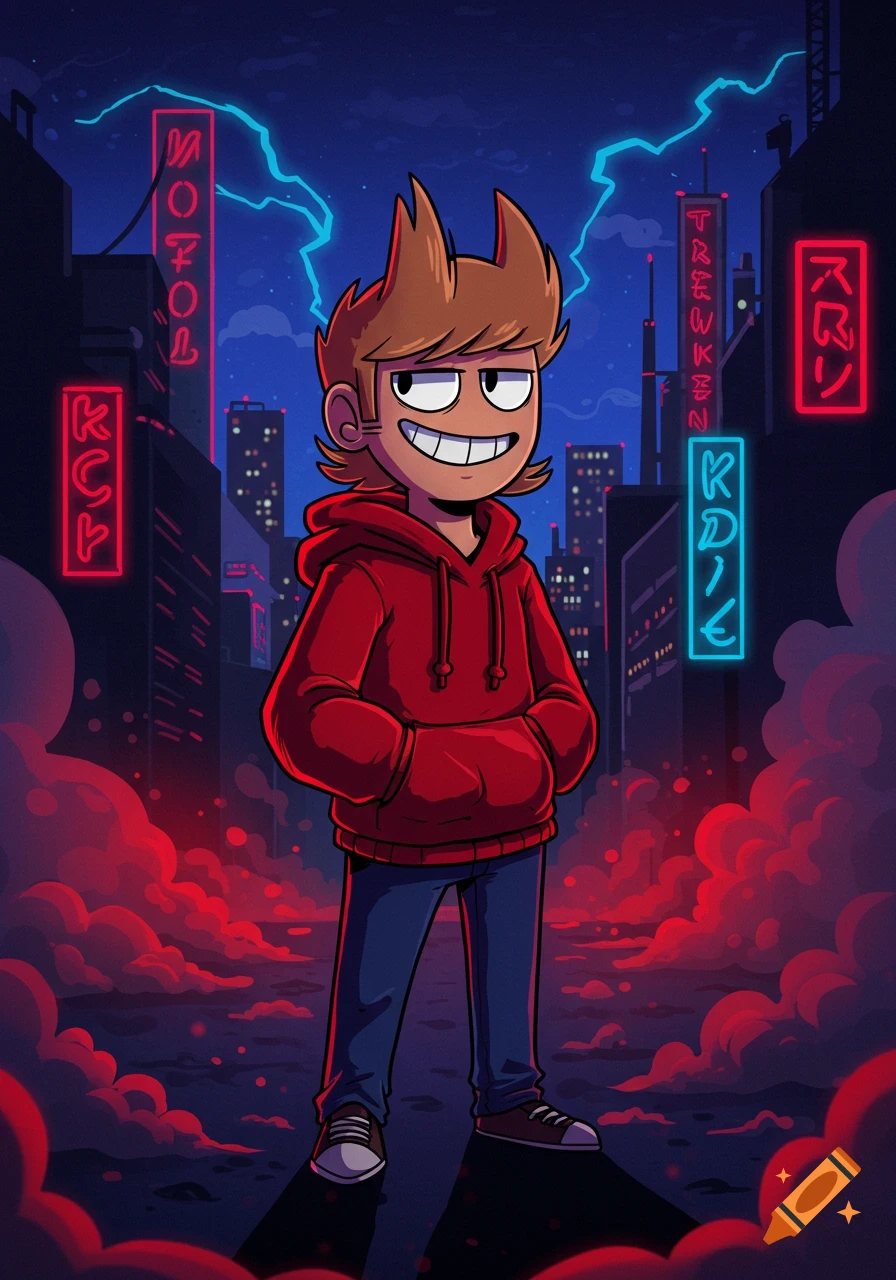 Tord from Eddsworld stands in a cyberpunk city at night with neon signs and red clouds in a cartoon style.