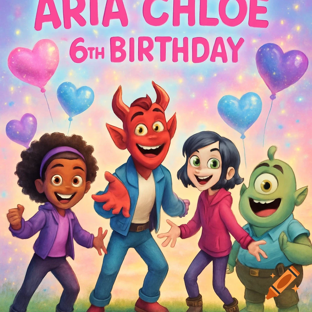 Four cartoon characters, including a red devil-like creature, a girl, and a one-eyed green monster, celebrate a 6th birthday with heart balloons.