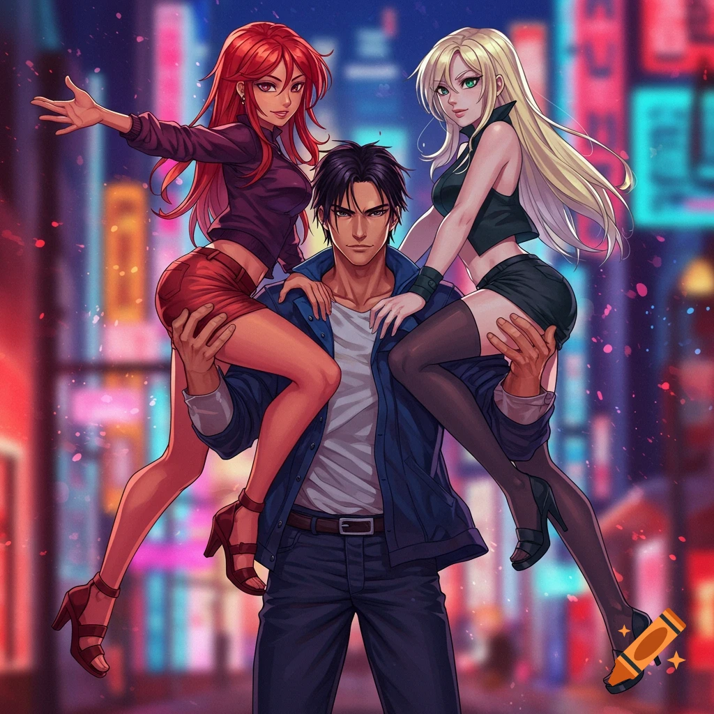 Anime man holding two women on his arms, set against a vibrant neon cityscape.