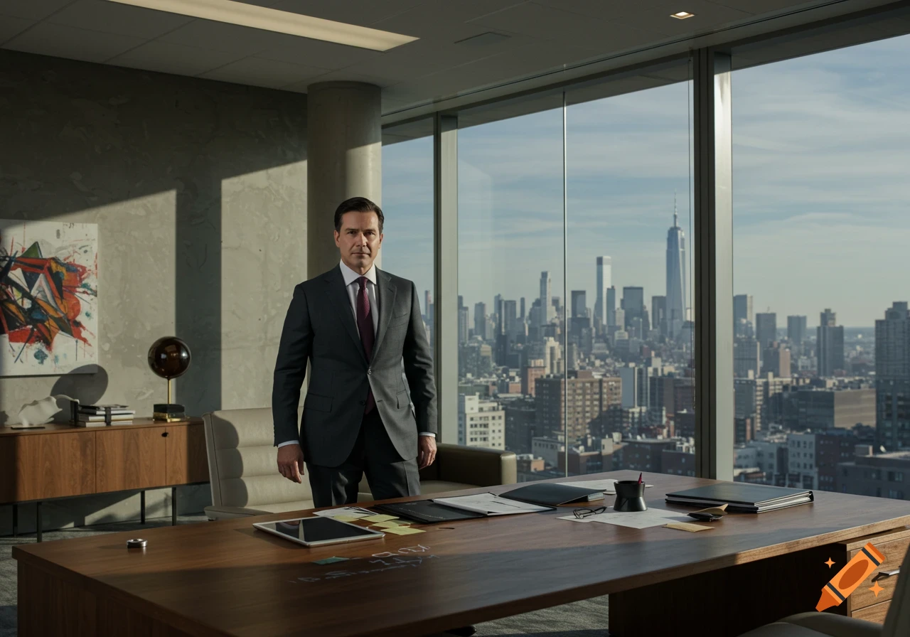 A man in a suit stands in a modern office with a panoramic view of a city skyline.