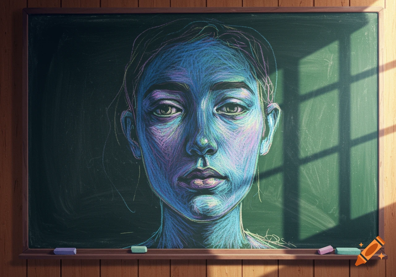 Colorful chalk drawing of an abstract, somber face on a green blackboard, with sunlight casting window shadows.