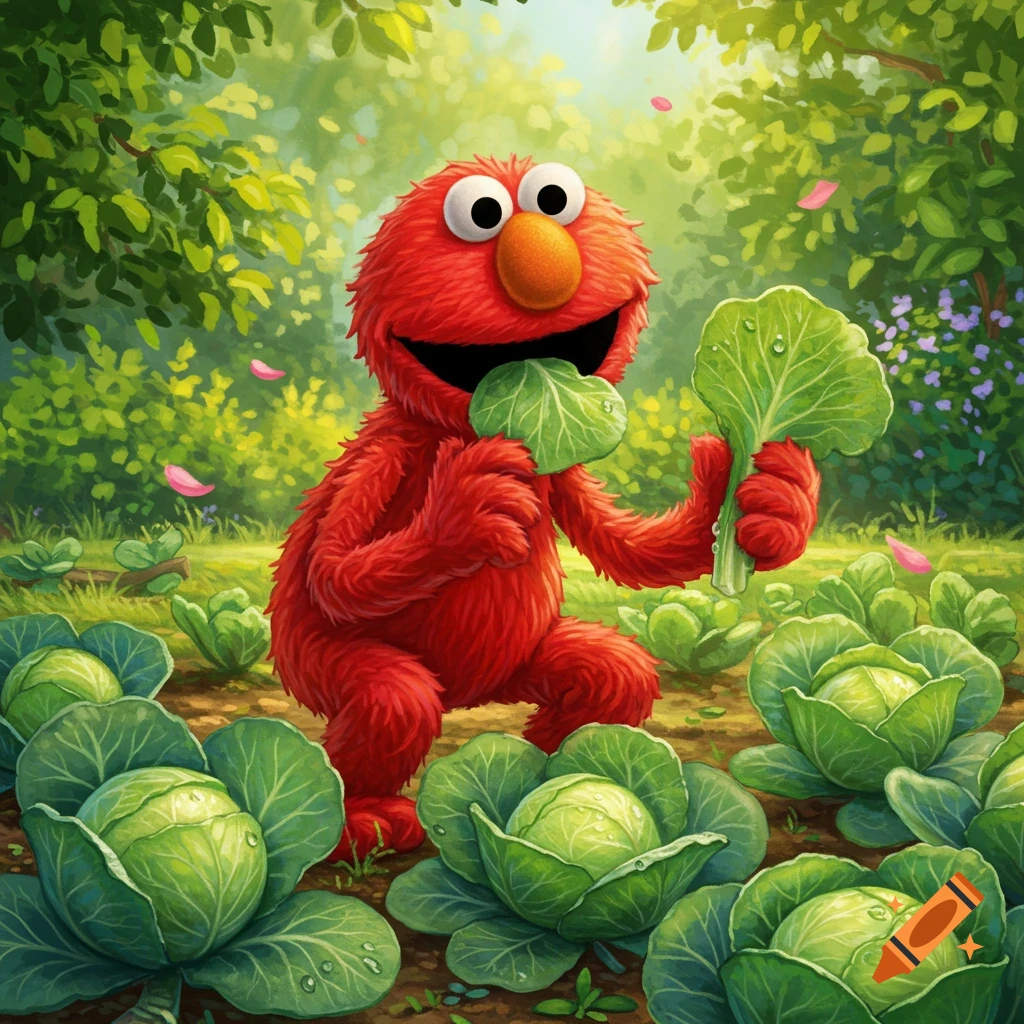 Elmo happily picks and eats cabbage leaves in a lush garden filled with green cabbage plants.