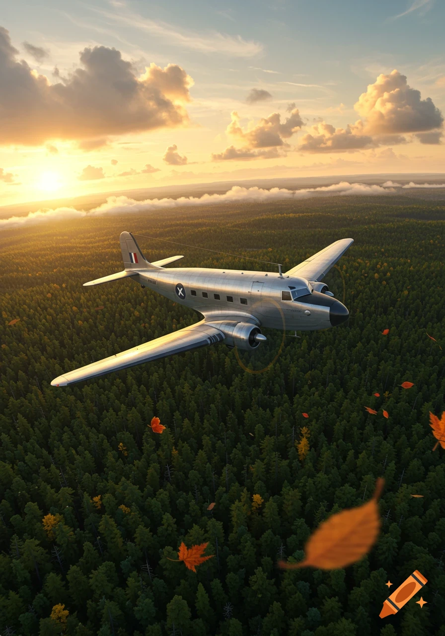 Photorealistic image of a silver propeller plane flying over a green forest at sunset, with autumn leaves falling.