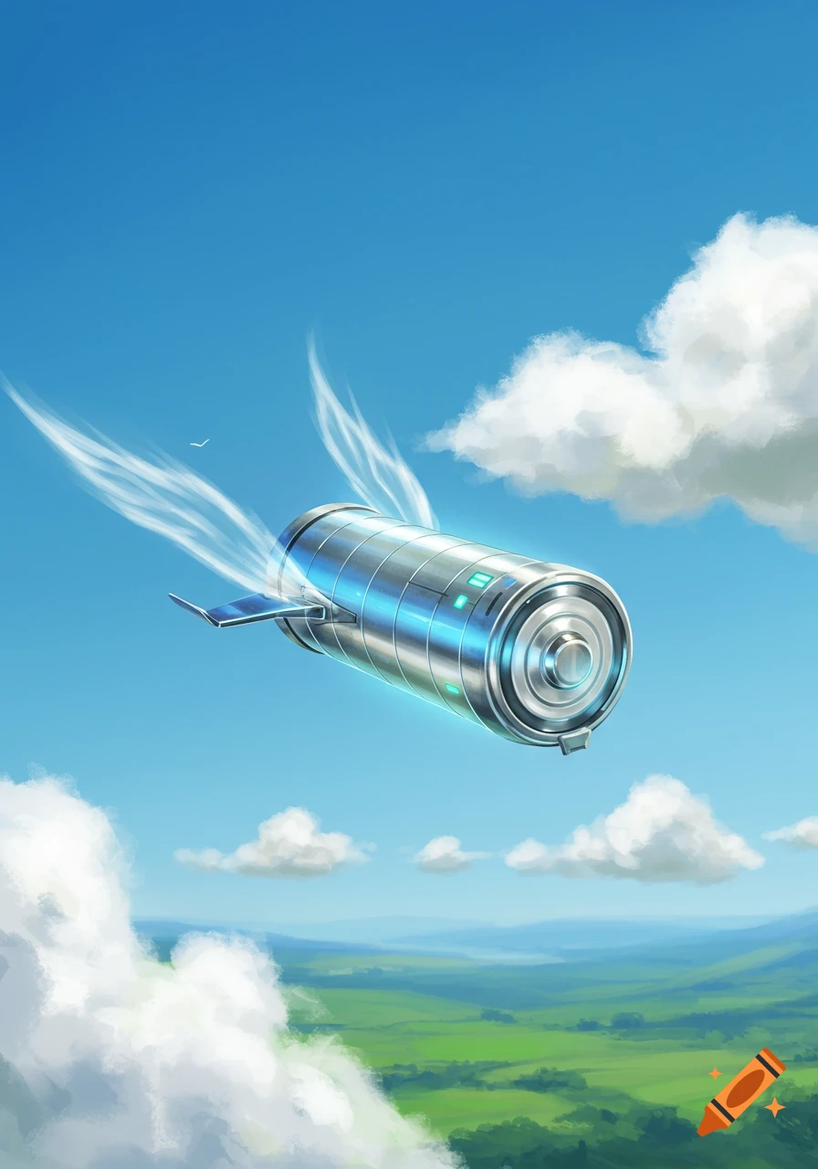 A futuristic silver battery with glowing blue and green lights, equipped with small wings, soars through a bright blue sky with fluffy white clouds, above a vast green landscape.