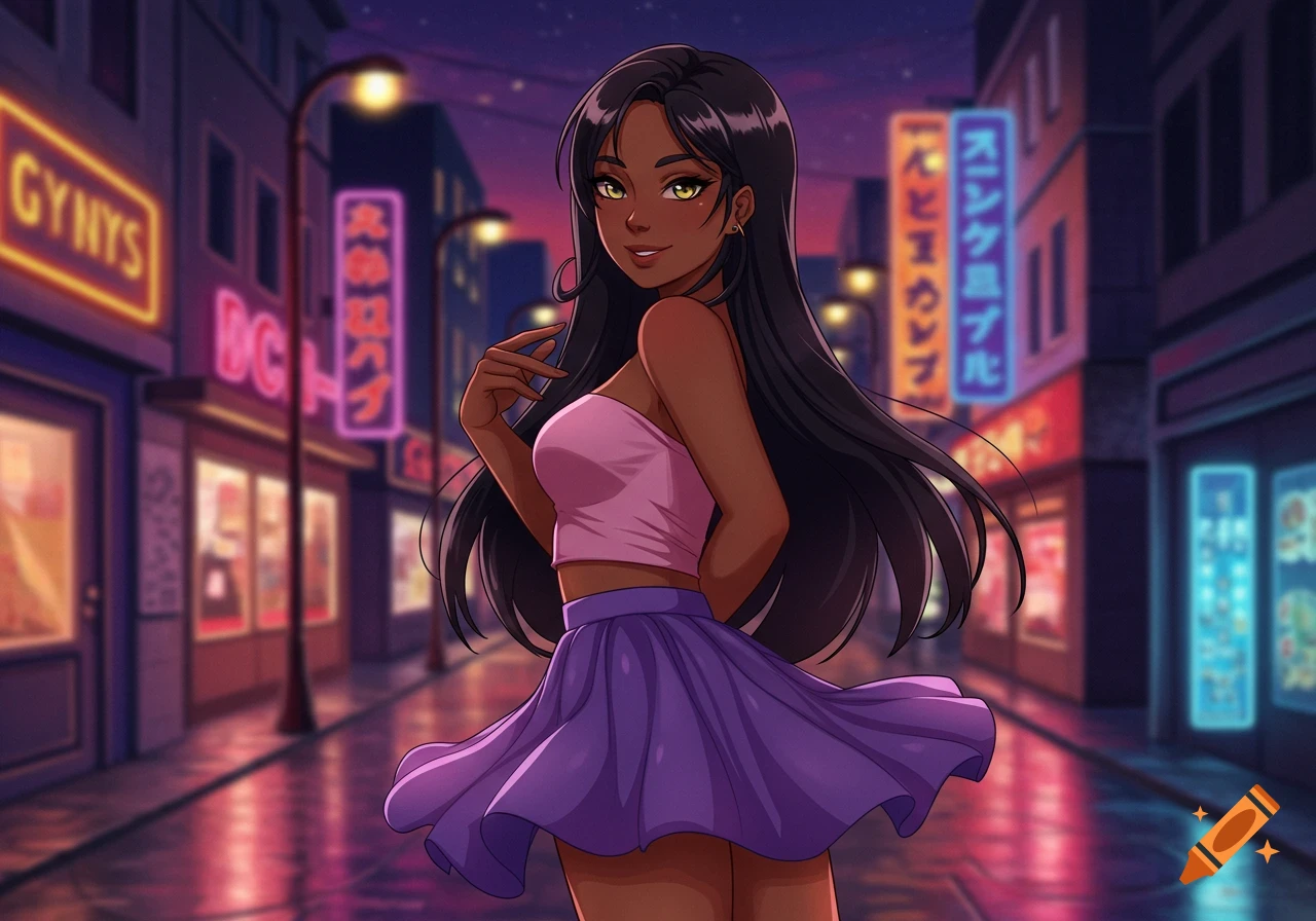 Anime-style woman with dark skin and long black hair in a pink crop top and purple skirt standing on a neon-lit city street at night.