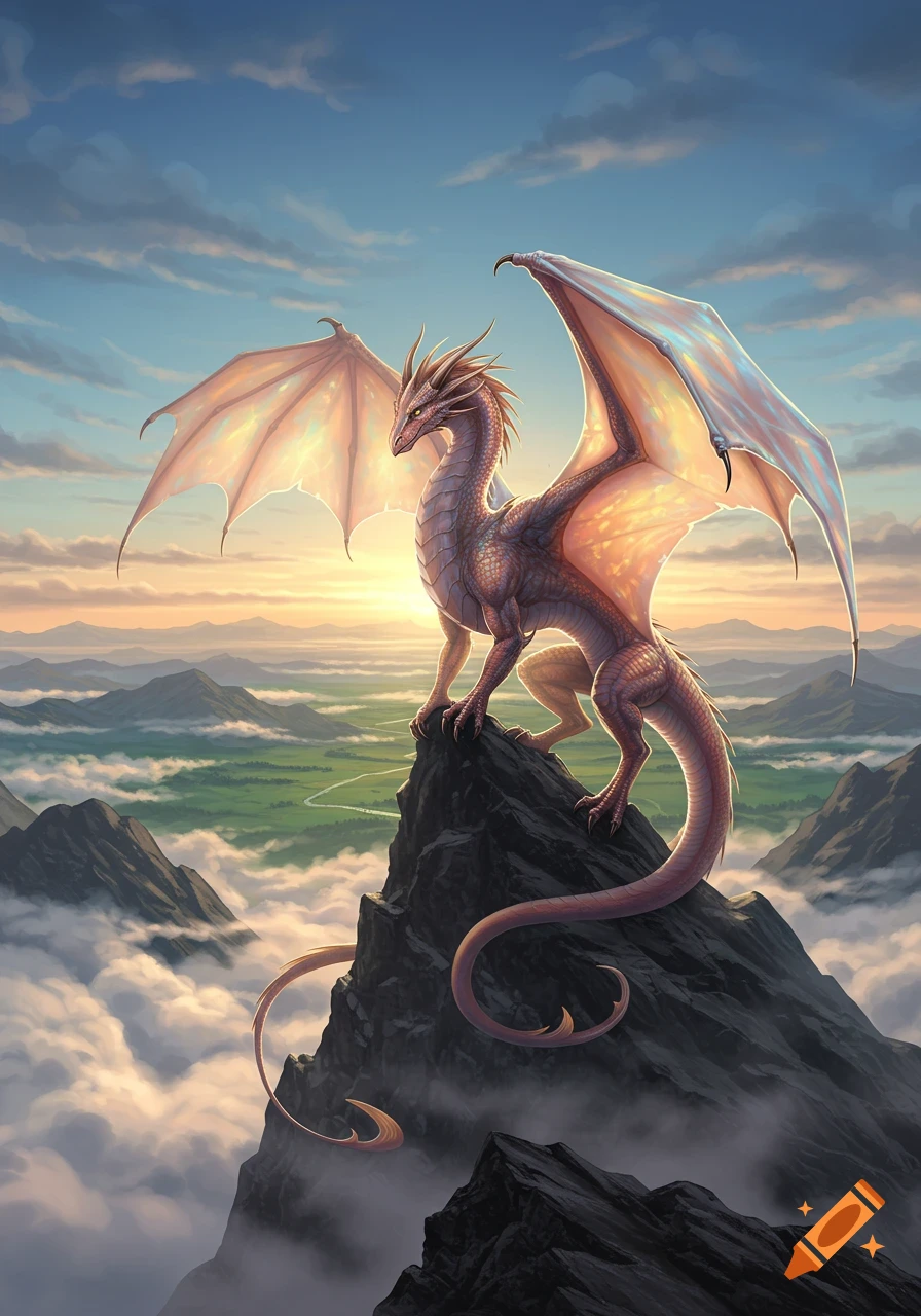 A majestic dragon with outstretched wings perches atop a rocky mountain peak at sunrise, overlooking a valley.