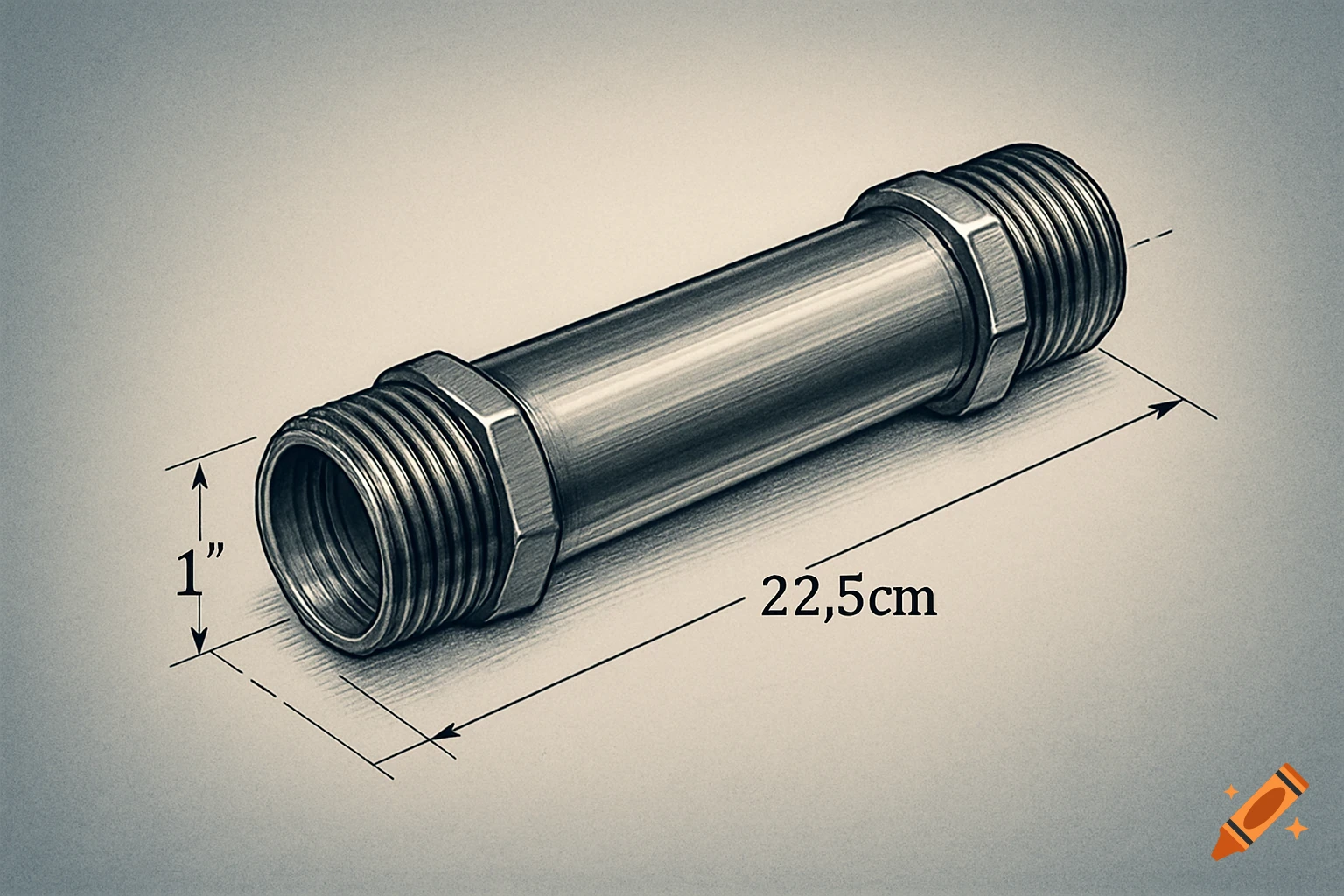 Grayscale technical drawing of a metal water pipe with 1-inch diameter and 22.5 cm length dimensions.