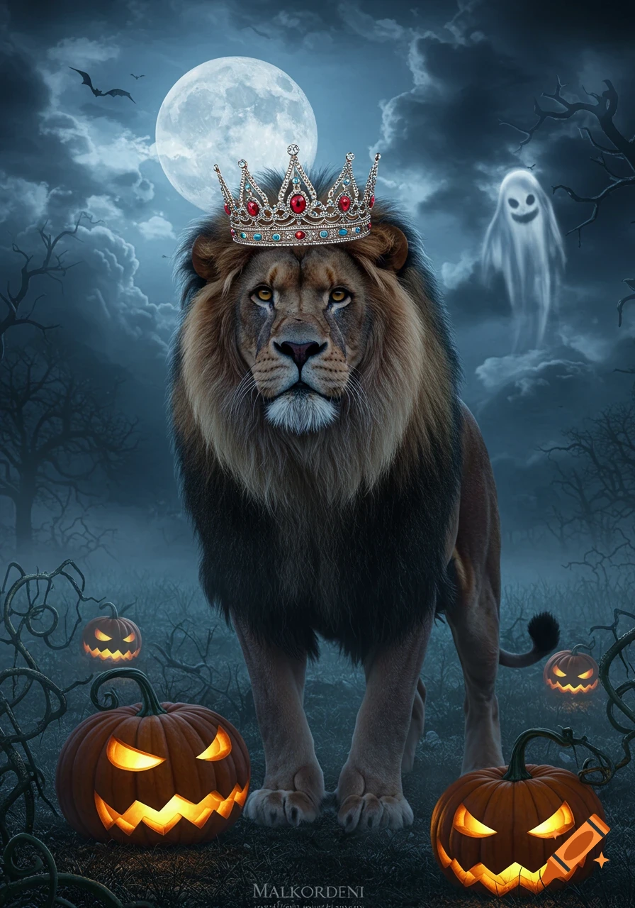 A majestic lion wearing a jeweled crown stands in a spooky forest with glowing jack-o'-lanterns, bats, and a ghost under a full moon.
