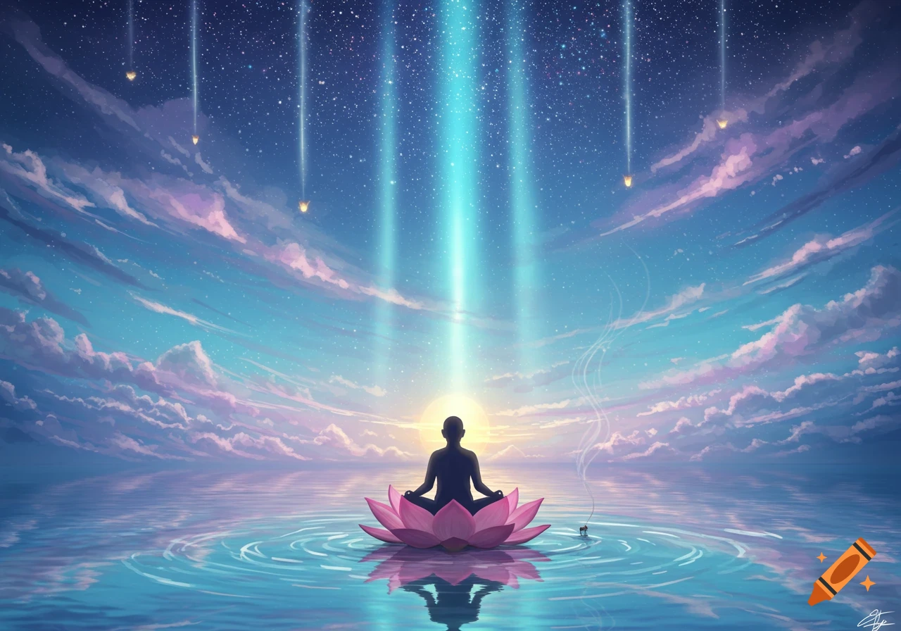Silhouette of a person meditating on a pink lotus flower in water under a starry sky with light beams, illustration.