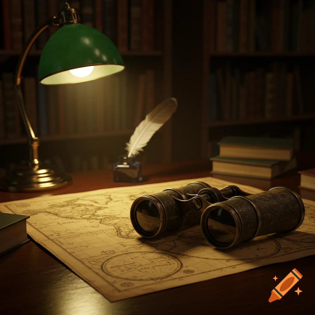 Vintage binoculars rest on an old map on a wooden desk with a lit green lamp, quill, and inkwell in a dimly lit library.