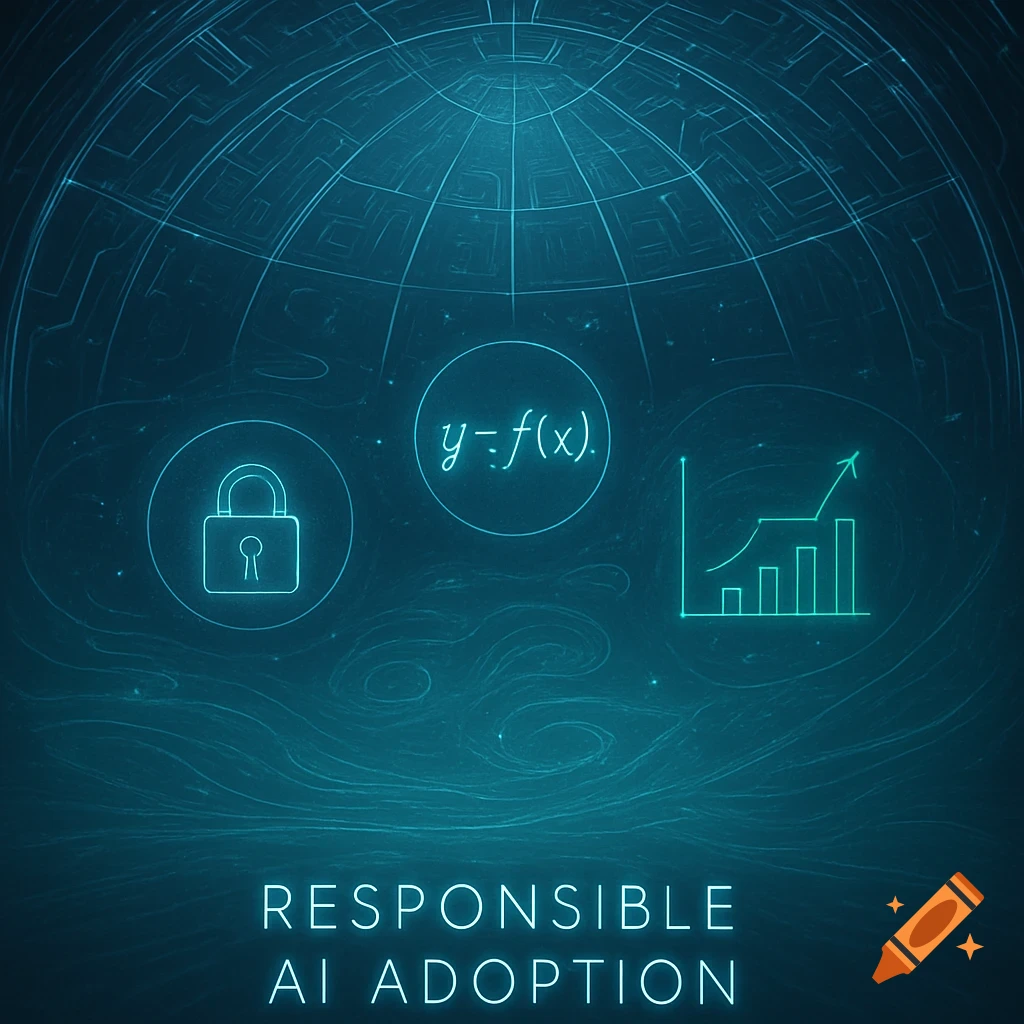 A glowing blue digital illustration with a lock, math formula, and bar graph over a grid background, with "RESPONSIBLE AI ADOPTION" text.