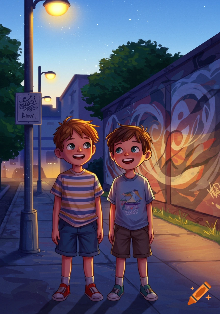 Two cartoon boys walk along a city street with graffiti on a wall, illuminated by a lamppost at dusk.