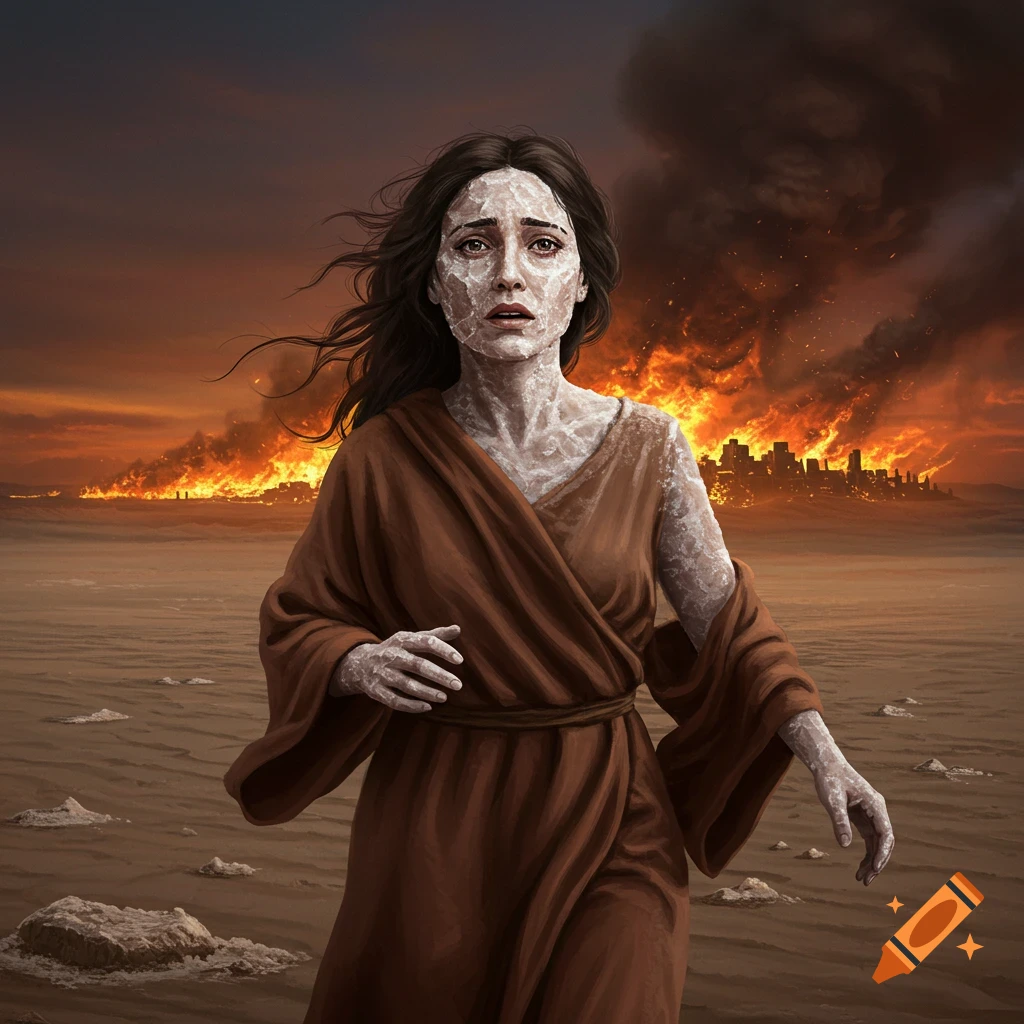 A woman, Lot's wife, flees through a desert, looking back at a burning city. Her face and arms are turning to salt.