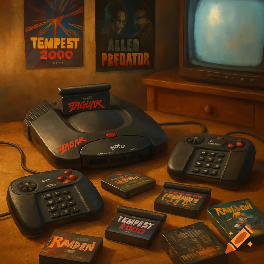 A flat lay of an Atari Jaguar console with a game cartridge inserted, two controllers, and several game cartridges scattered around it. Two game posters hang in the background next to an old television.