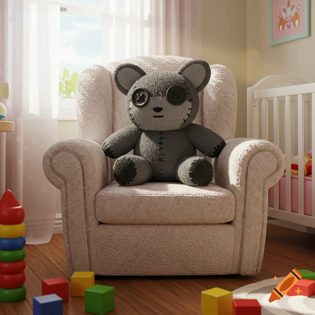 A gray stitched teddy bear with button eyes sits in a cozy armchair in a bright child's room with toys on the floor.