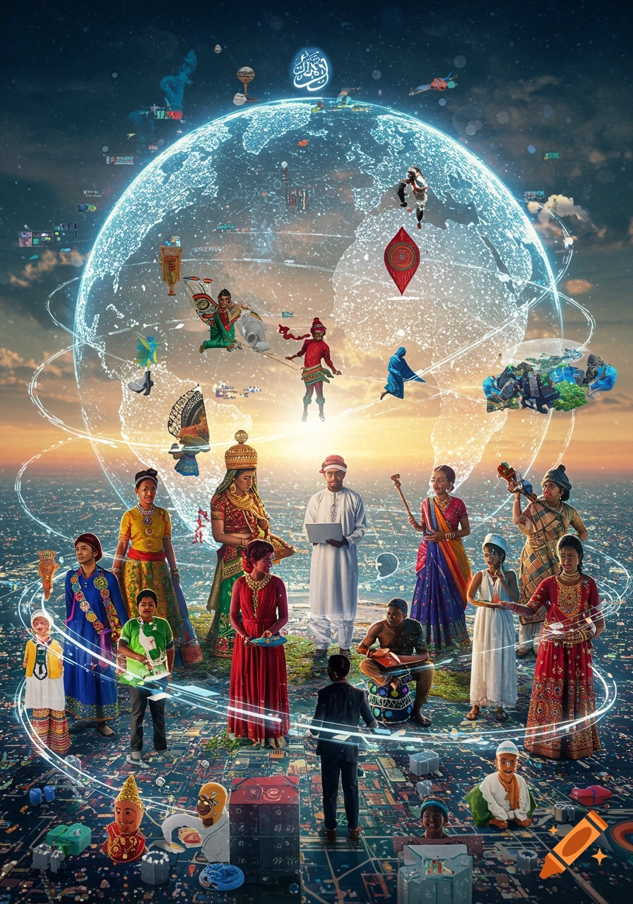 Diverse people from various cultures stand on a glowing digital globe over a city, with Arabic calligraphy at the top.