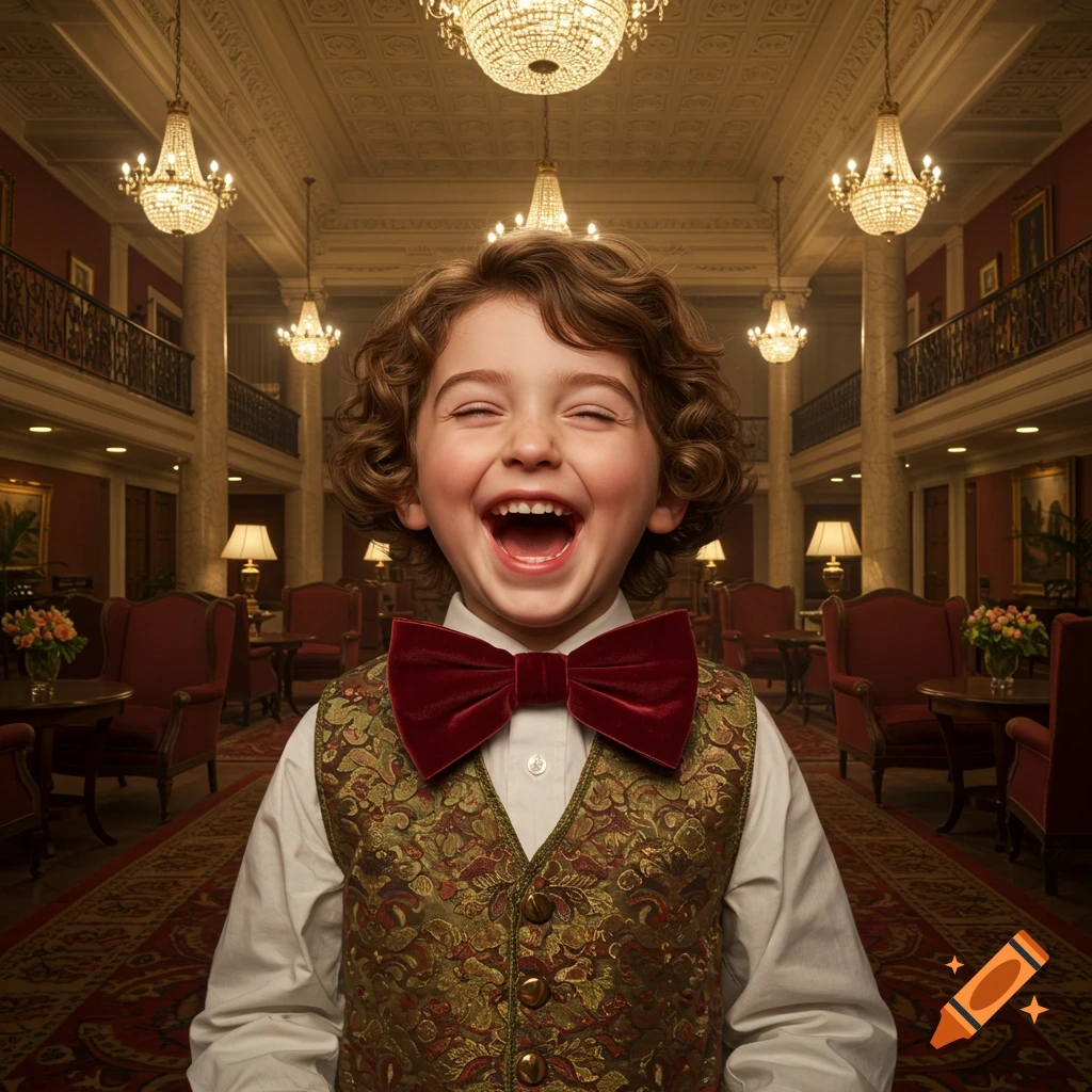 Joyful young boy with curly hair in a velvet bow tie and patterned vest, laughing in a grand hotel lobby.