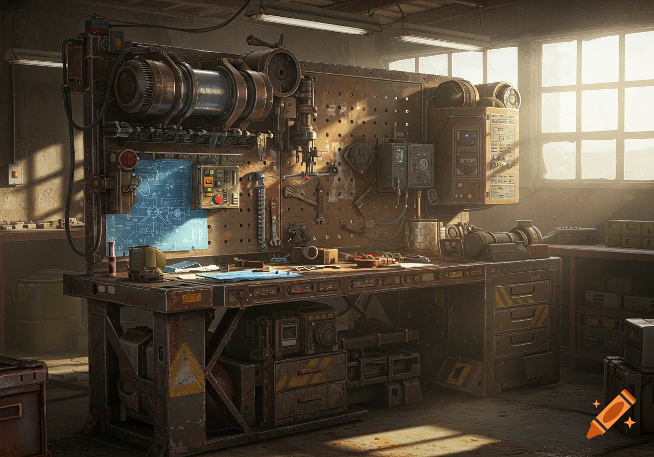 A detailed, grimy, industrial-looking workbench, typical of a post-apocalyptic setting, filled with tools and machinery under bright overhead lights.