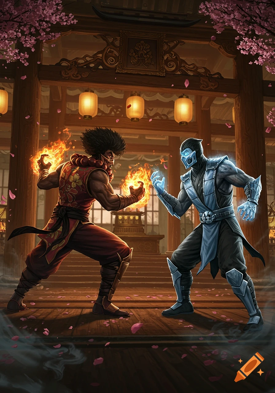 Two warriors, one wreathed in fire and the other with ice powers, face off in a Japanese temple, illustration.