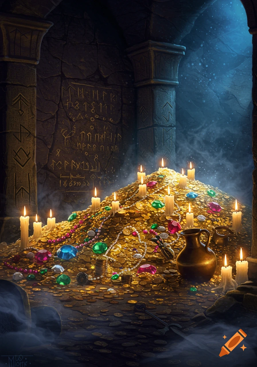 A huge pile of gold coins, colorful jewels, and lit candles in a dark, ancient stone chamber with glowing dust and carved runes.