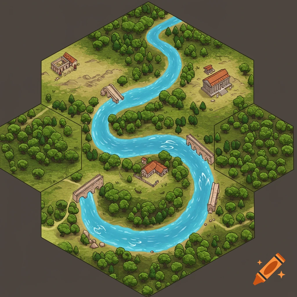 A top-down, stylized hexagonal board game tile depicting a winding blue river, green forests, Roman buildings, and aqueduct-like bridges.