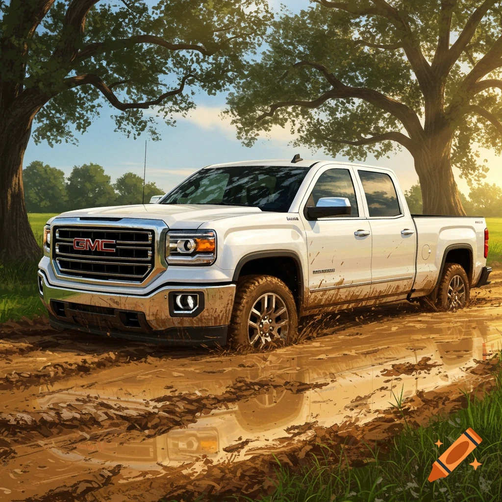 A white GMC Sierra pickup truck is stuck in a muddy track, surrounded by large trees and bathed in sunlight.