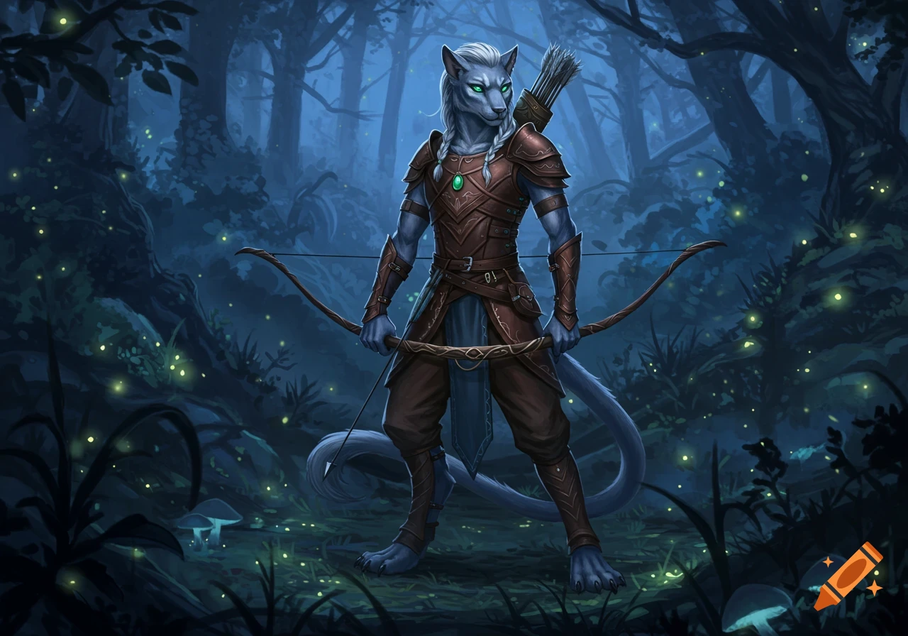 A grey furred cat-like archer with glowing green eyes, wearing brown leather armor, holding a bow in a dark, enchanting forest illuminated by fireflies and glowing mushrooms.