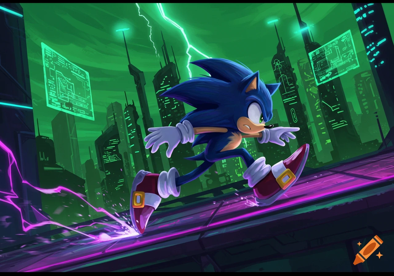 Sonic the Hedgehog speeds through a neon-lit futuristic city under a green sky, generating purple energy trails.