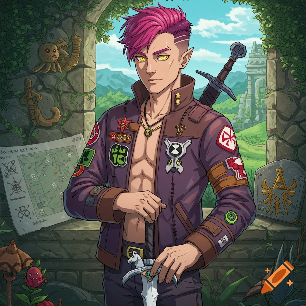 An anime-style male elf with pink hair and yellow eyes, wearing an open jacket and holding a sword. References to Ben 10 and Zelda are visible. He stands in front of a stone archway with a map on the left and a landscape in the background.