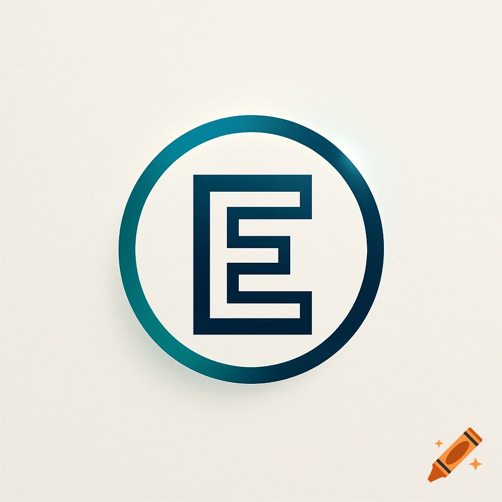 Stylized dark blue letter E logo inside a teal and white gradient circle on a light background.