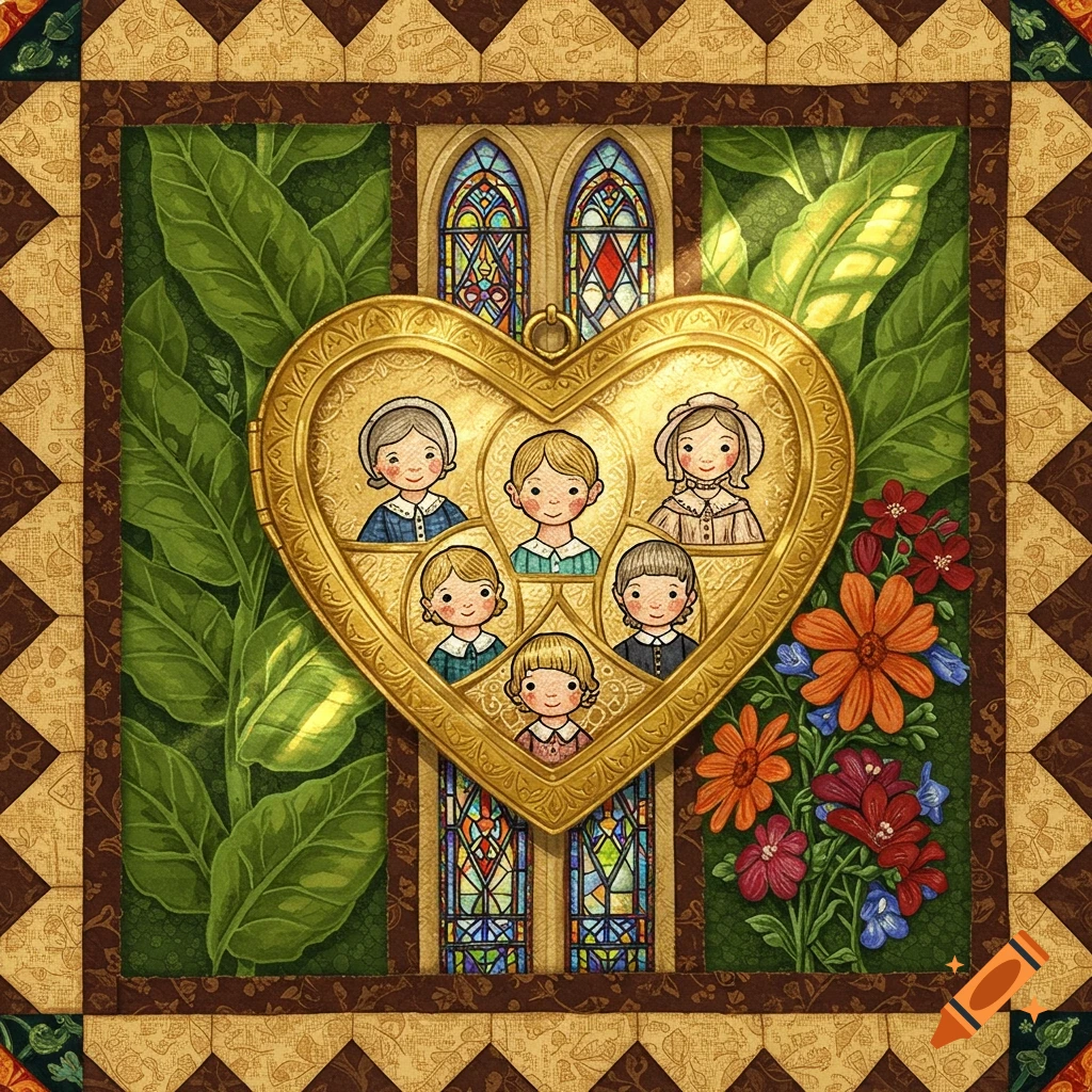 Quilt featuring a heart-shaped locket with embroidered children, surrounded by leaves, stained glass, and flowers.