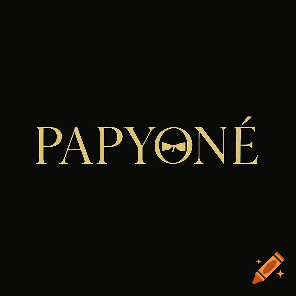 Gold luxury fashion logotype for PAPYON\u00c9 with a bow icon in the letter O, on a black background.
