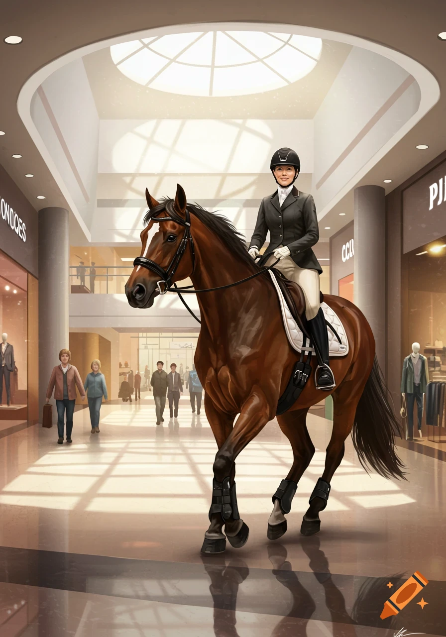 An illustration of a middle-aged woman riding a brown horse inside a brightly lit shopping mall.