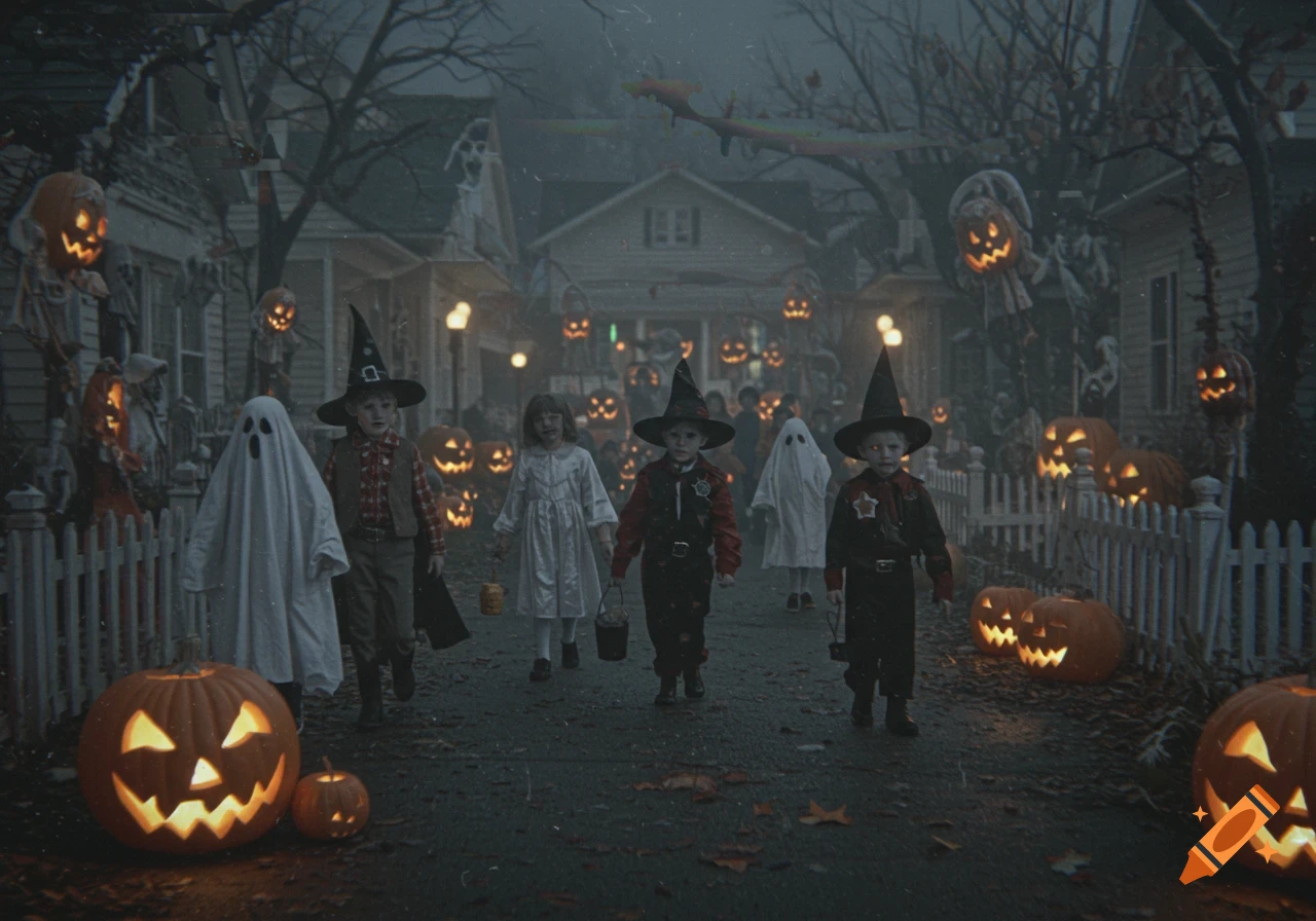 Children in Halloween costumes walk down a spooky, jack-o'-lantern lit street with a damaged VHS effect.