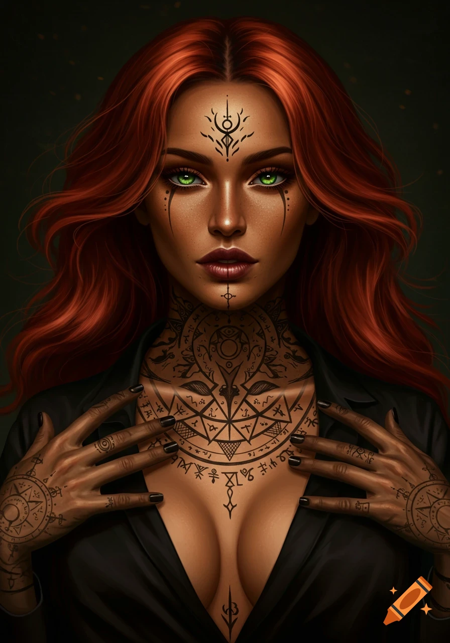 A woman with red hair, green eyes, and olive skin, covered in intricate black magical tattoos, wearing an open dark blouse in a moody, cinematic style.