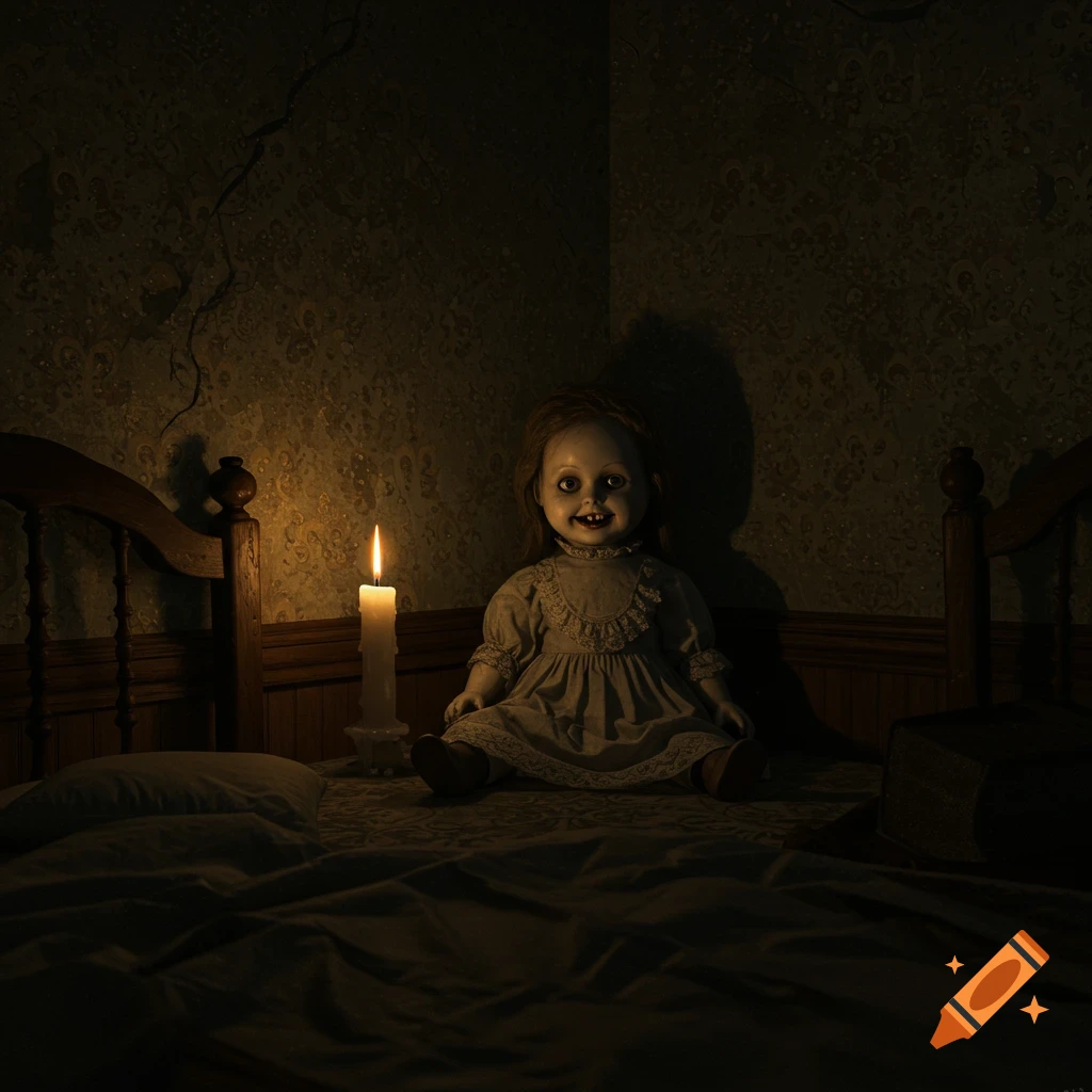 A creepy doll with human teeth sits on a bed next to a lit candle in a dark, cracked Victorian bedroom.