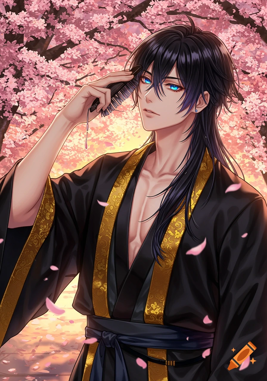 An anime man with black hair and blue eyes, wearing a black and gold kimono, brushes his hair under pink cherry blossoms.