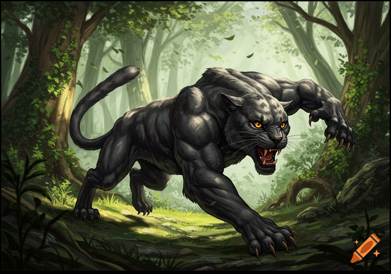 A fierce, muscular black panther with amber eyes and claws out, lunges forward in a lush forest in a detailed illustration.