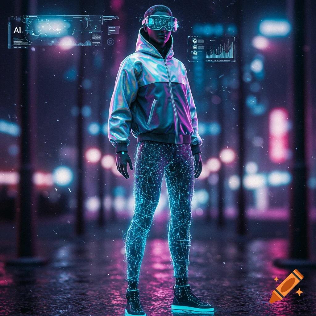 A person wearing a reflective jacket, glowing data-patterned pants, and VR goggles stands in a neon-lit cyberpunk city.