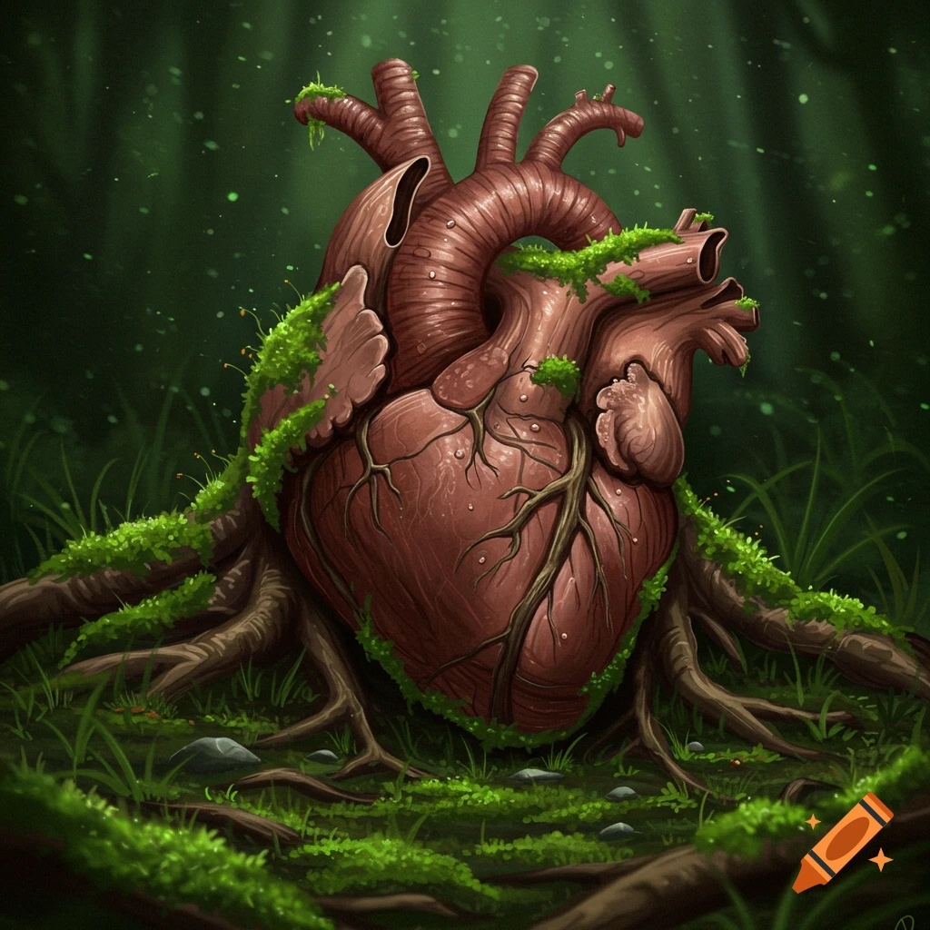 Stylized wooden heart entwined with roots and moss, glowing in a dark forest.