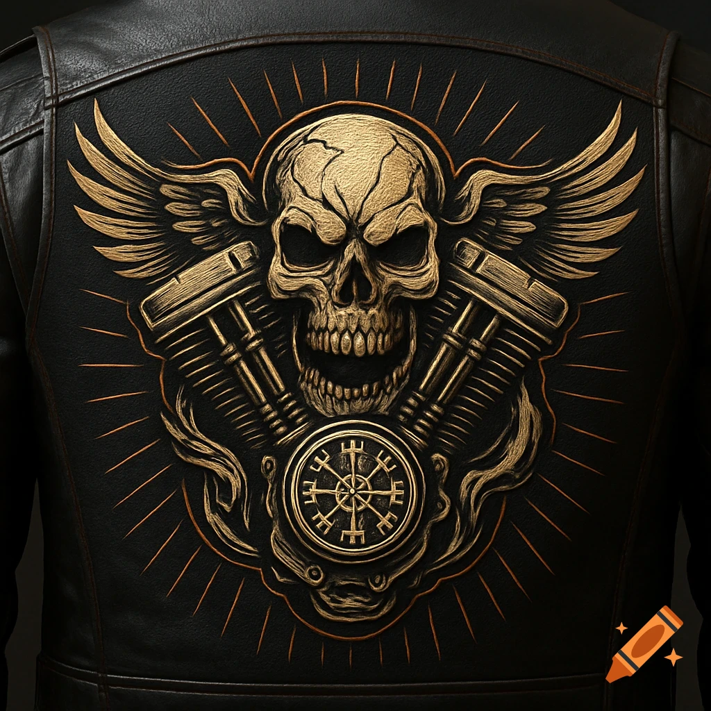 A gold and black emblem on a leather jacket featuring a winged skull, a V-twin engine, rays, and a Vegvisir compass.