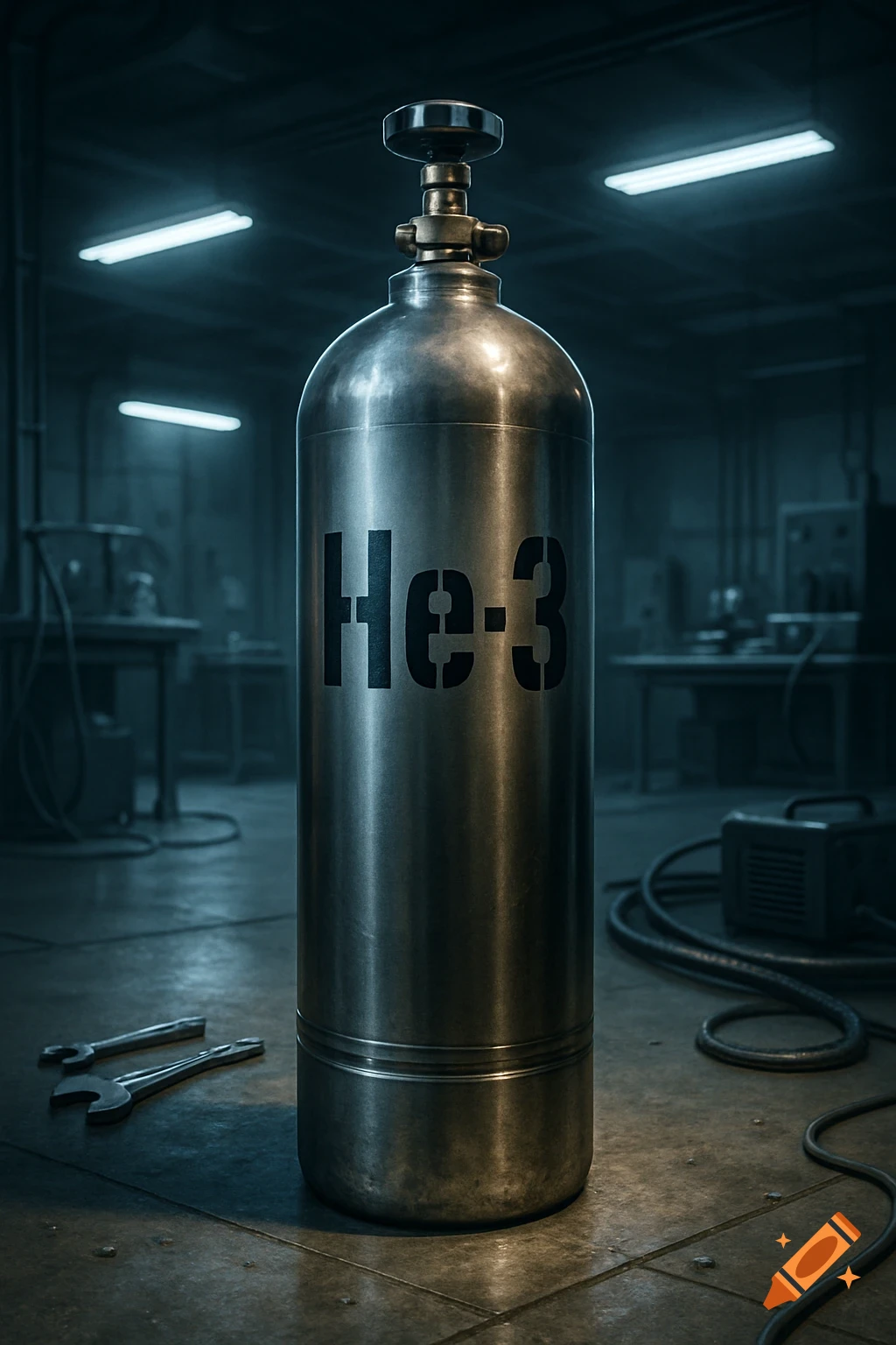 A photorealistic image of a metallic gas cylinder labeled 'He-3' in a dimly lit industrial setting.