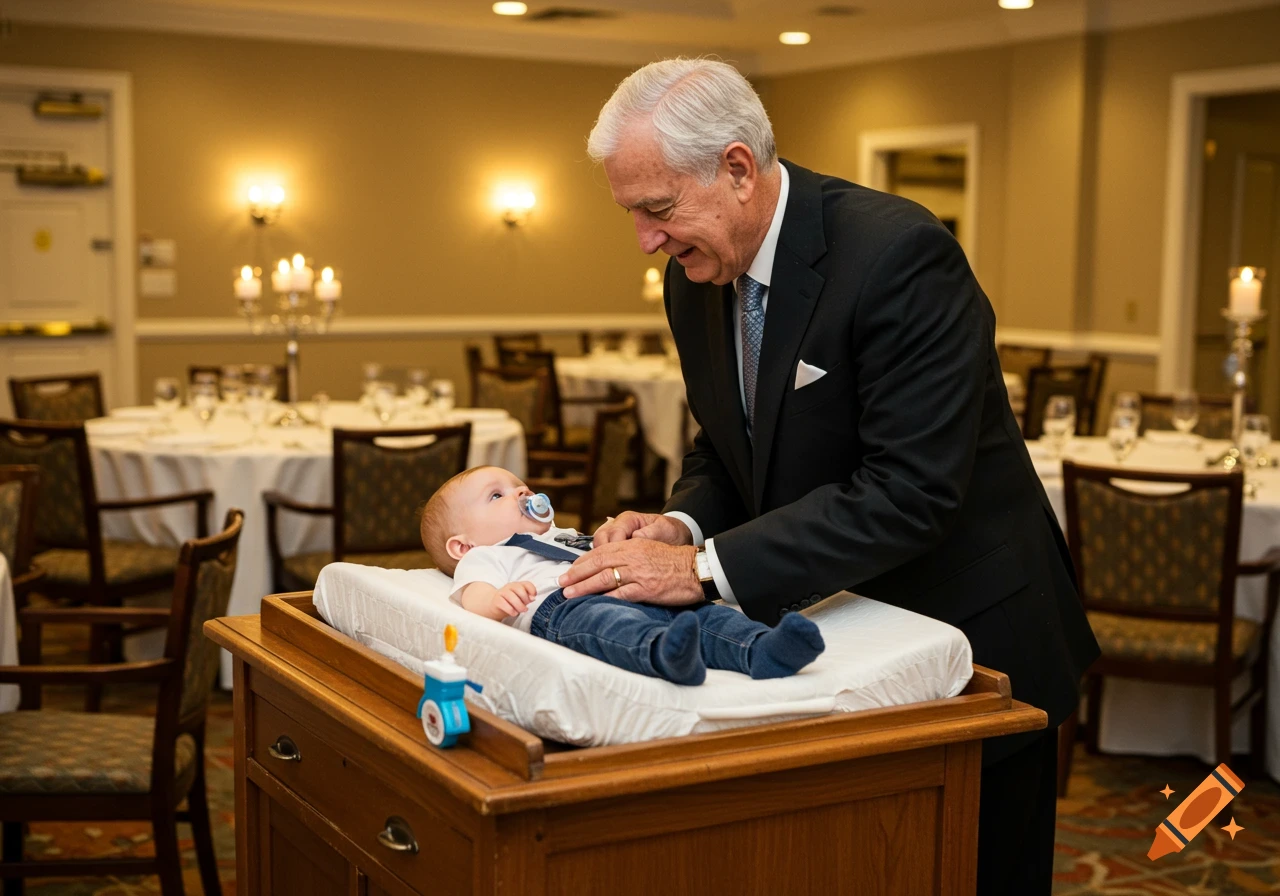 An elderly man in a suit changes a baby's diaper on a changing table in a formal banquet hall.