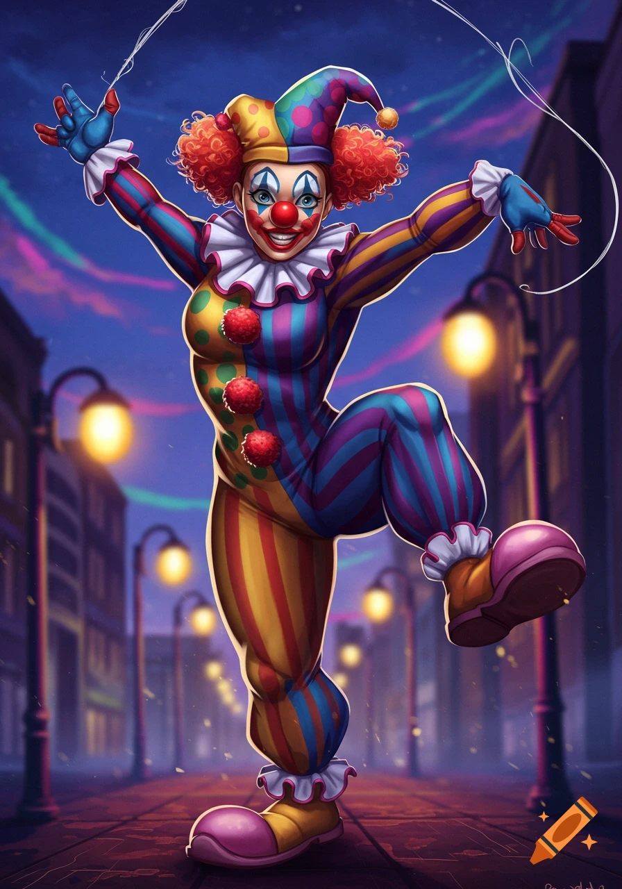 A vibrant cartoon clown in a striped, multi-colored suit and hat, with bright red hair and a painted face, performs a high-stepping dance in a city street at dusk, illuminated by glowing streetlights.